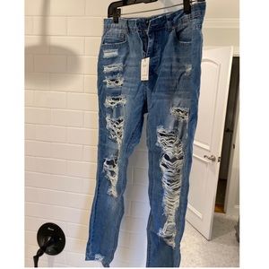 Distressed high rise mom fit jean